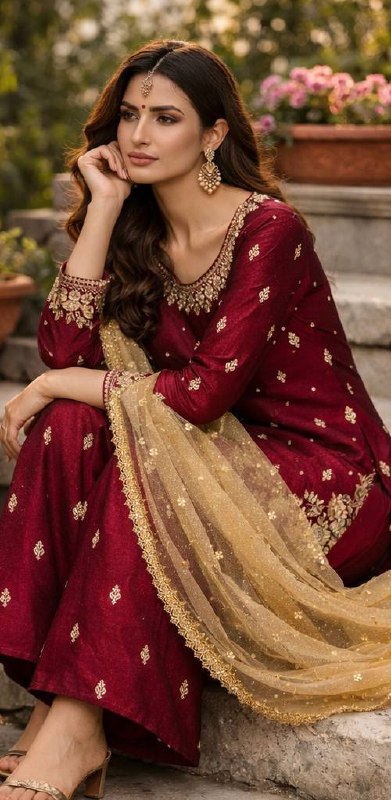 Editorial Deep Maroon Contrast-Drape Set